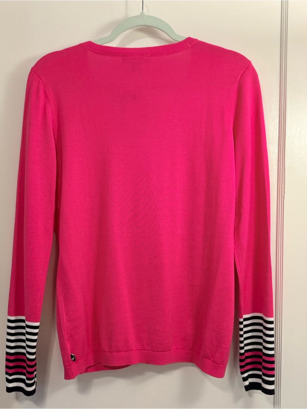 Nautica Bright Pink V-Neck Sweater with Striped Neck Trim - Picture 5 of 5